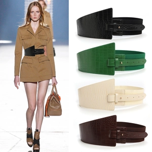 Women Wide Corset Belt PU Leather Alligator Pattern Elastic Asymmetric Waistband Fashion Dress Accessory