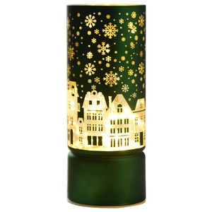 Dark green Nordic Christmas tea light holder with snowflake and town silhouette cutouts