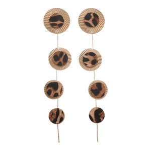 Golden multi-layer round drop earrings featuring brown and black leopard print leather