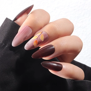 Almond Press On Nails Burgundy Red Autumn Leaf Pattern Glossy Full Cover Reusable False Nails For Women Manicure