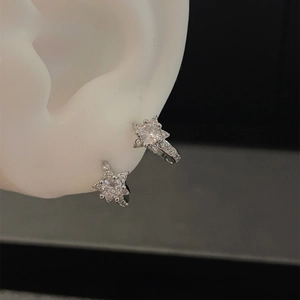 Macro shot of silver star-shaped earrings with white zircon on a model ear