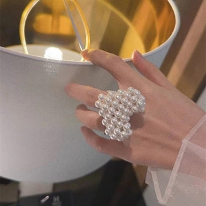 Handmade woven pearl bow ring with heart design for women in Japanese style