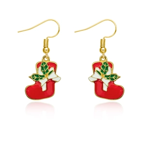 Christmas stocking tassel earrings in red and green enamel with golden hooks