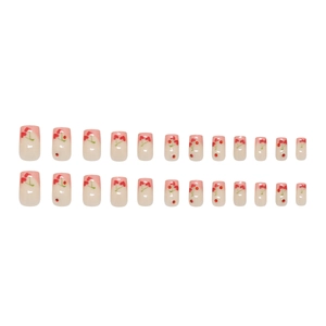 Sweet pink cherry press-on nails with red rhinestones and elegant French gradient style