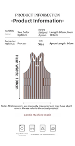 Size chart for vintage striped polyester apron showing 80x100cm dimensions and care guide