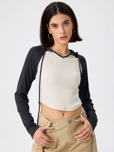 Women Long Sleeve Hooded T-Shirt Viscose Polyester Color Block Slim Fit Cropped Ribbed Knit Casual Streetwear Top