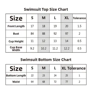 Detaillierte Größentabelle für bedruckte Bikini-Sets mit Maßen von S bis XL in Zentimetern