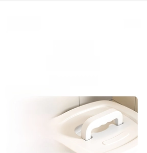 Detail of ergonomic U-shaped plastic handle for easy opening of flour storage container