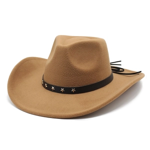 Brown wool felt jazz hat with wide brim and silver star metallic studs decoration