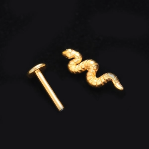 Golden stainless steel snake piercing jewelry with flat back for ear or lip studs