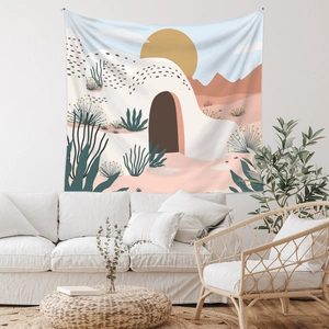 Detail of Bohemian desert landscape tapestry featuring arches, sun and cactus on a white wall