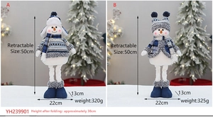 Detail of blue plush snowman with retractable legs and adjustable height measurements