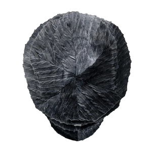 Top view of dark grey cable knit beanie showing detailed radial pleated crown design