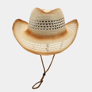 Breathable western hollow straw cowboy hat with wide brim and adjustable chin strap