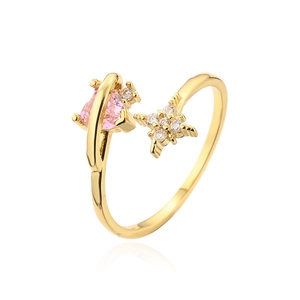 Detail of 18K gold-plated ring with pink triangle zircon and star accents