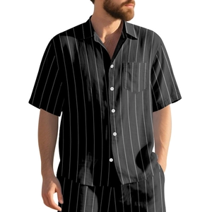 Men Linen Stripe Short Sleeve Shirt And Shorts Casual Summer Beach Vacation Resort Retro Style Button Down Top Pocket