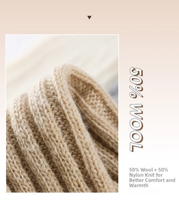 Detailed macro view of the thick ribbed wool knit texture in warm camel beige