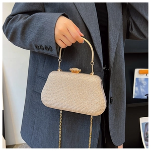 Detail of champagne gold evening clutch bag with shimmering fabric and metal handle