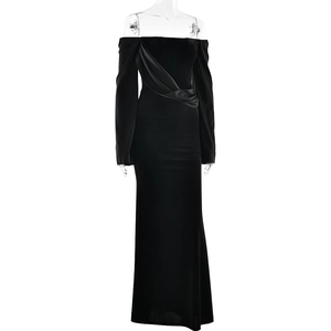 Detailed view of long sleeve black velvet evening gown with off-shoulder floor-length design