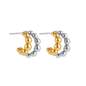 Two-tone 18K gold and silver stainless steel double-layer C-shaped bubble bead earrings