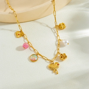 Gold-plated stainless steel necklace featuring heart, flower, and pearl charms for women