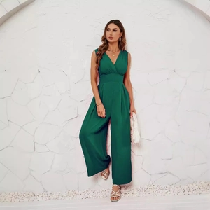 Chic dark green sleeveless V-neck jumpsuit with a cinched waist and wide legs for women