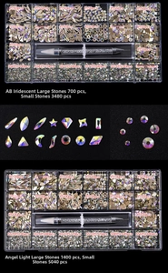 Detail view of 21-grid nail art rhinestones kit with various shapes and sizes in storage box