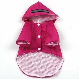 Detail of rose red pet raincoat with reflective strip and breathable mesh lining