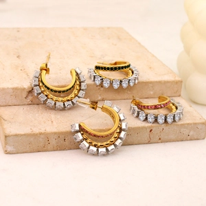 18K gold plated C-shaped earrings with colorful zirconia and double-layered crystal design