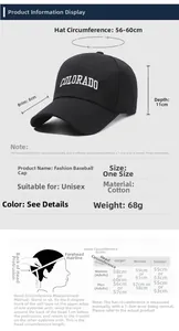 Size guide for cotton baseball cap showing head circumference measurements and dimensions