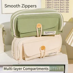 Large Capacity Pencil Case Canvas Multi Layer Stationery Bag Wooden Button Simple Aesthetic Organizer For Students
