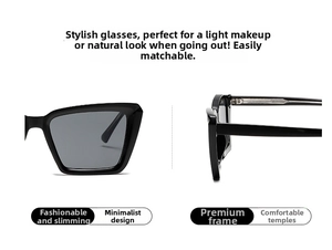 Detail of black rectangular sunglasses featuring thick frames and metal hinge construction