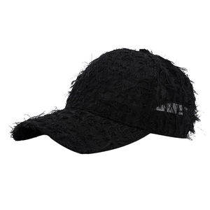 Women's black frayed distressed baseball cap with long fiber texture for outdoor sun protection