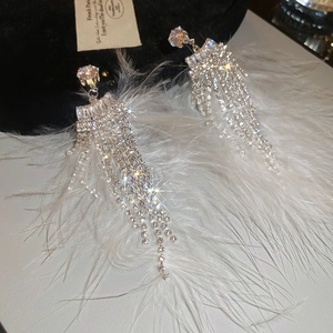 Detail view of long silver tassel earrings with sparkling rhinestones on feather background