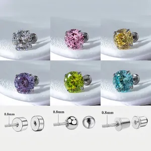 Titanium Steel Cartilage Stud Earrings Colorful Cubic Zirconia Four Prong Round Cut Screw Back Piercing Jewelry For Women