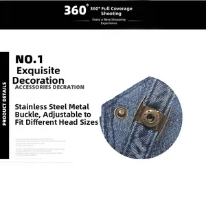 Detail of adjustable stainless steel metal buckle on vintage washed denim newsboy hat