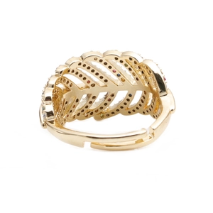 Adjustable gold leaf ring with micro-pave colorful stones for women on white background