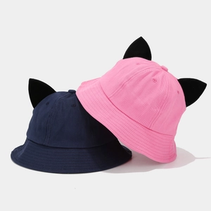 Cute cotton bucket hats with 3D cat ears in navy blue and pink solid colors for kids