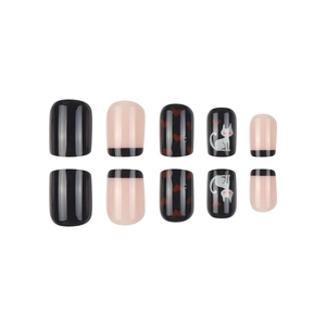 Short square press-on nails with Halloween cat, heart and spider web motifs