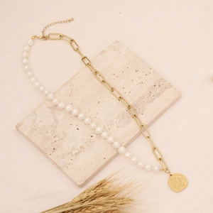 Unique pearl and golden paperclip chain necklace with Arabic calligraphy pendant charm