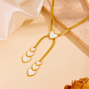 Chic triple-layer gold titanium steel snake chain necklace with white heart charms
