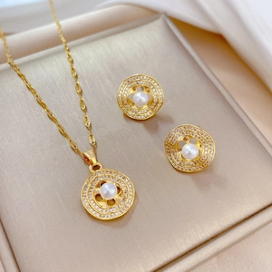 Artificial Pearl Necklace And Earrings Jewelry Titanium Steel Copper Micro Pave Zircon With Silver Earring Post Elegant Banquet For Women