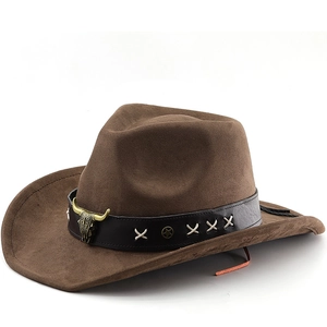 Western Cowboy Hat Suede Felt Wide Brim Leather Band Bull Head Skull Vintage Jazz Fedora For Men Women
