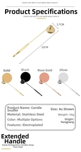 Detail specifications of stainless steel candle snuffer in four electroplated colors