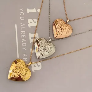Stainless Steel Heart Locket Necklace Rose Flower Relief Openable Photo Holder Memory Pendant Retro Jewelry For Women