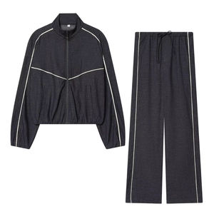 Veste En Denim Et Pantalon Large À Cordon Tenue Décontractée Pour Femmes Avec Rayures Blanches Fermeture Éclair Col Montant
