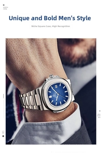 Close-up of a men's ultra-thin stainless steel watch with a navy blue horizontal dial