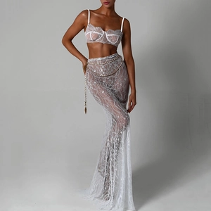 Women Lace Maxi Skirt And Sleeveless Backless Crop Top See Through Mesh Party Clubwear Evening With Heart Chain Belt