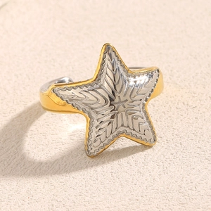 Detail of 18K gold starfish ring with radial textured engraving and adjustable band