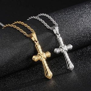 Gold and silver stainless steel cross necklaces with textured pendants on rope chains